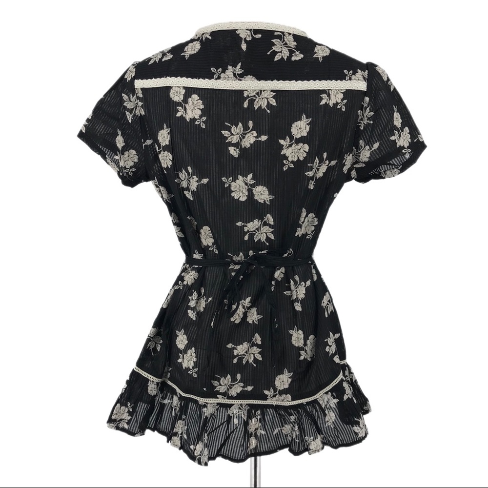 Honey Black White Floral Lace Trim Short Sleeve Blouse Size XL - Picture 4 of 7